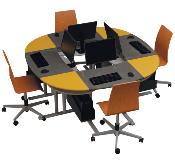 Ilot de travail 4 postes en rond 4xanthr.4rallonges jaunes -Ovaly