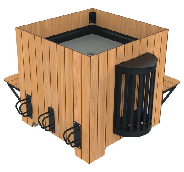 Jardinière STOPY carrée 400 L - poubelle - appui vélo - teck effet lames