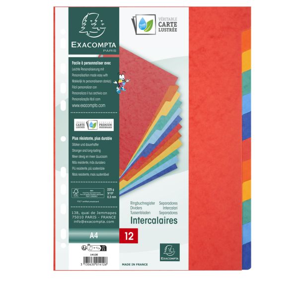Jeu 12 intercalaires carte lustrée A4.