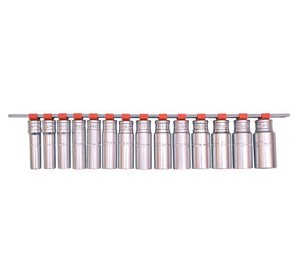 Jeu 14 douilles longues 12 pans 1/2 sur rack