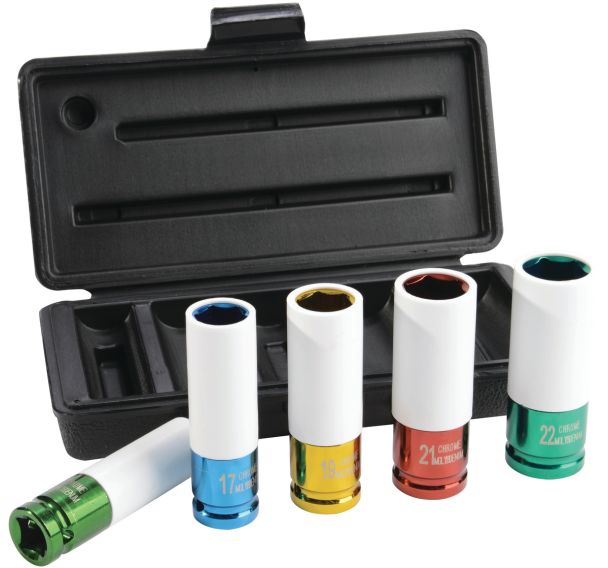 Jeu de 5 douilles 1/2'' longues protegees - 15-17-19-21-22 mm_19141-95