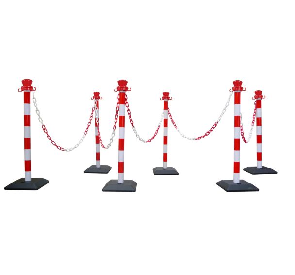 Jeux de 6 poteaux de balisage plastique avec chaine - Rouge/blanc