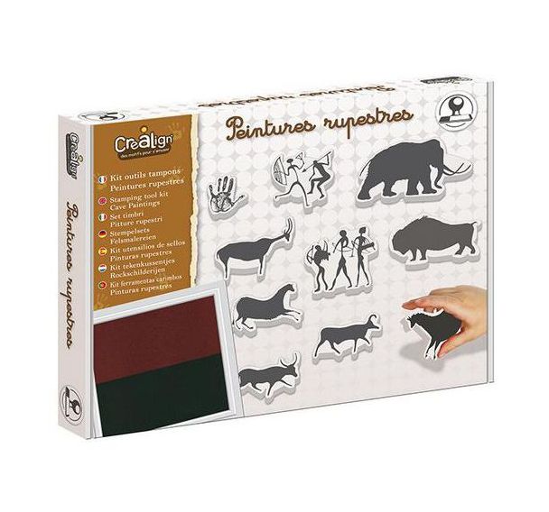 Kit 10 tampons peintures rupestres + 1 encreur bicolore noir et marron