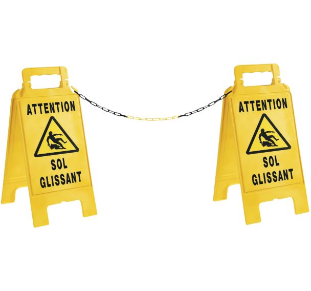 Kit 2 chevalet de signal. de danger jaune- Attention sol glissant + 5m de chaine
