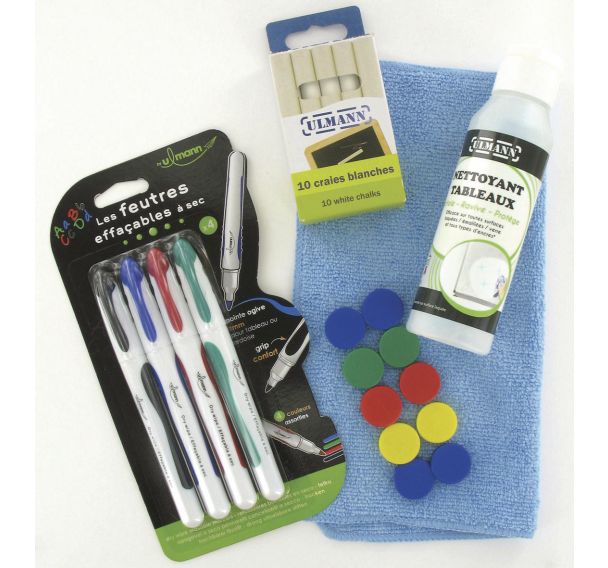 Kit de démarrage, microfibre, flacon nettoyant, craies, marqueurs et aimants