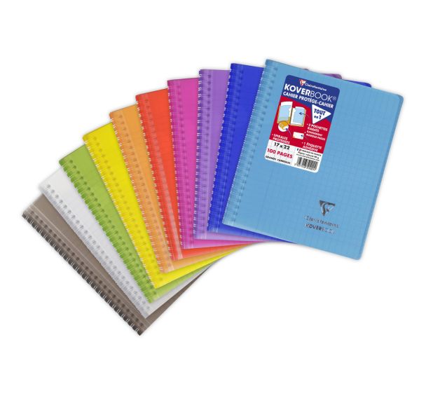 Koverbook reliure intégrale enveloppante PP transparent 17x22cm 100p Séyès coloris assortis livré en boîte prêt-à-vendre