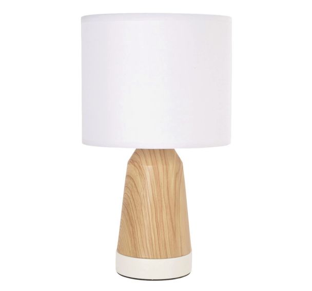 Lampe Touch métal effet bois. Abat-jour cylindre en coton naturel