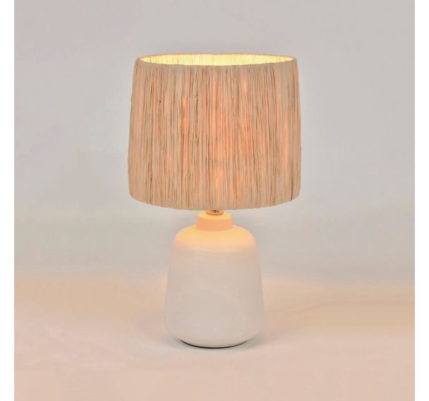 Lampe base ronde en céramique matte. Abat-jour conique en raphia blanc