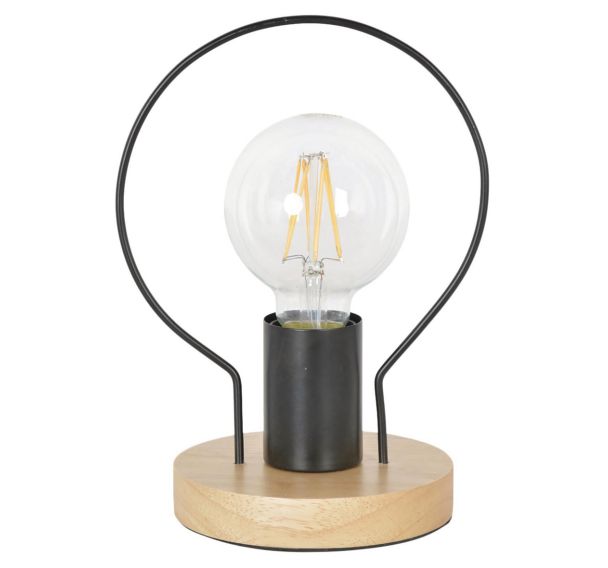 Lampe base ronde en en bois. Décoration arc en métal naturel/noir