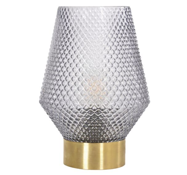 Lampe base ronde en métal finition laiton. Abat-jour en verre fumé