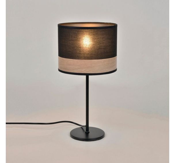Lampe base ronde en métal peint. Abat-jour cylindre en coton noir