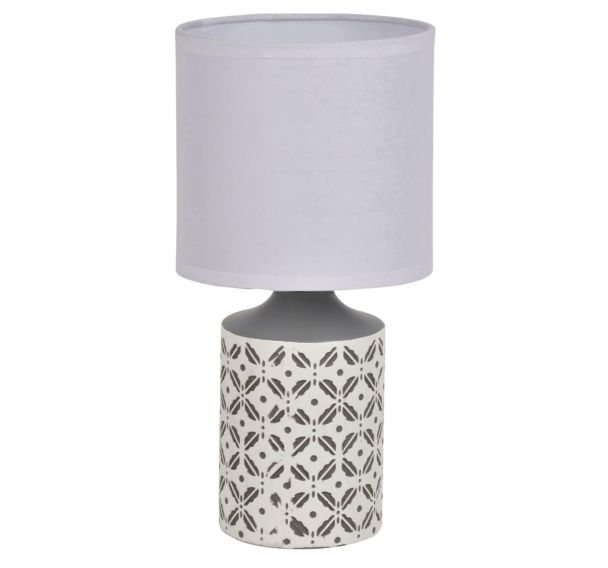 Lampe en céramique motif carreaux de ciment. Abat-jour en coton gris/blanc