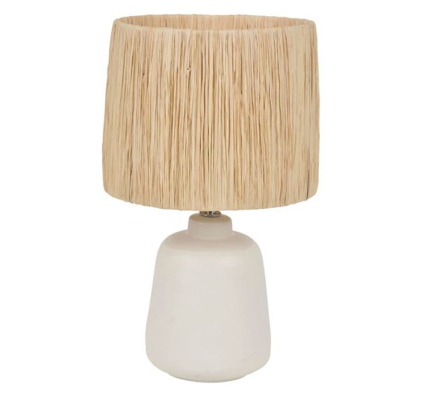 Lampe ronde en céramique . Abat-jour conique en raphia Corep