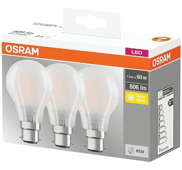 Led standard full glass 7W B22 blanc chaud boite de 3