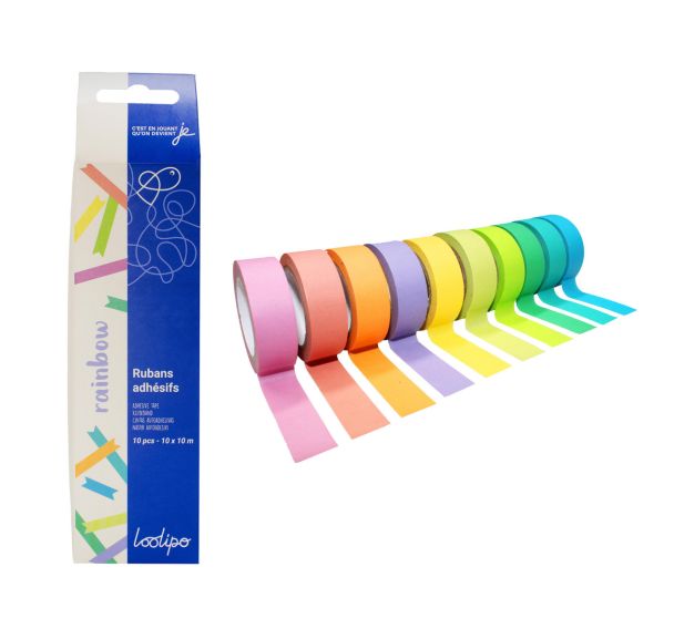 Lot 10 rubans adhésifs 15 mm x 10 m couleurs pastel