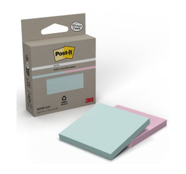 Lot 2 blocs 100 feuilles recyclées Post-it 76x76 mm couleurs