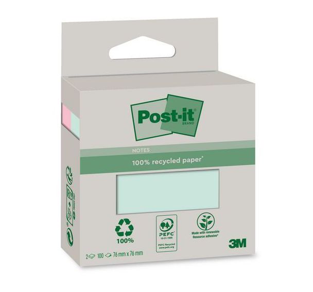 Lot 2 blocs 100 feuilles recyclées Post-it 76x76 mm couleurs