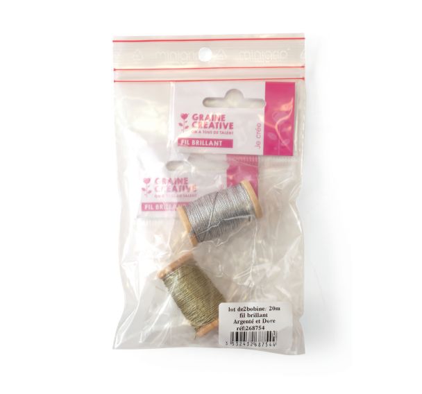 Lot 2 bobines de 20 mètres de fil pailleté or et argent
