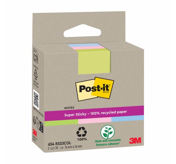 Lot 3 x70feuilles recyclées Post-it Super Sticky 76x76mm clr