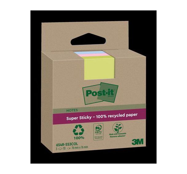 Lot 3 x70feuilles recyclées Post-it Super Sticky 76x76mm clr
