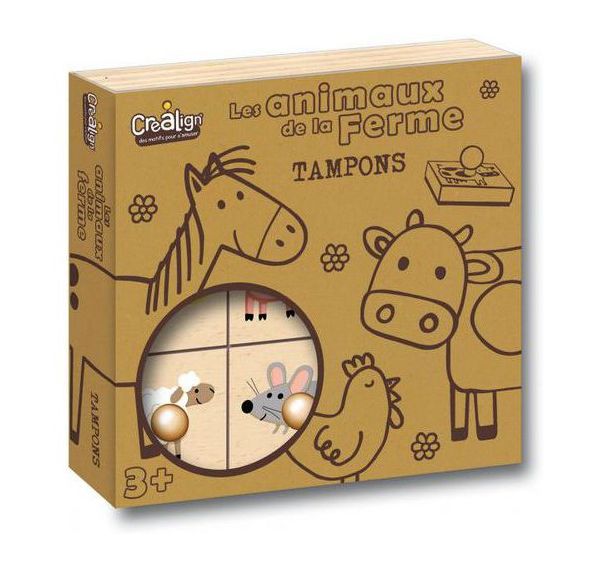 Lot 9 tampons bois thème les animaux de la ferme + 1 recharge tampon noir