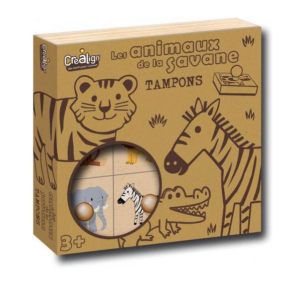 Lot 9 tampons bois thème les animaux de la savane + 1 recharge tampon noir