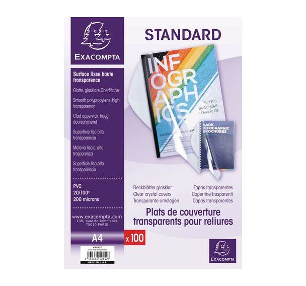 Lot de 100 Couverture reliure PVC Cristal 20x100e - A4 - Lot de 100 pièces