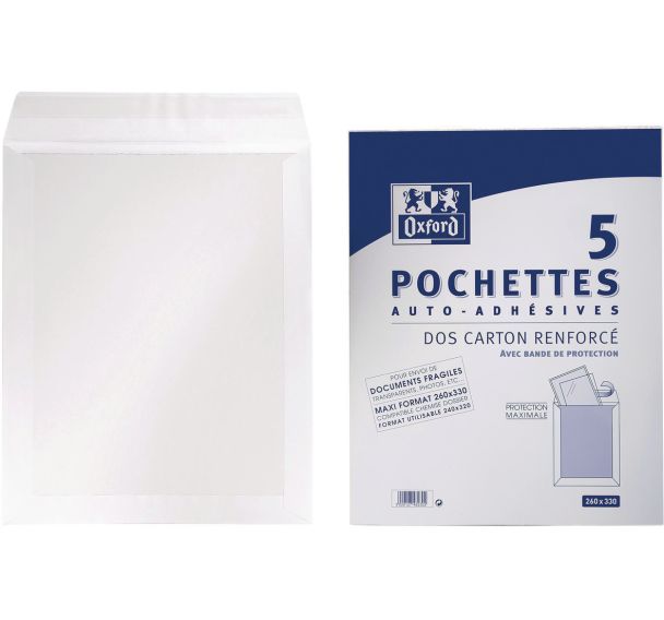 Lot de 100 Pochettes 260x330 90g x5 auto adhésive dos carton
