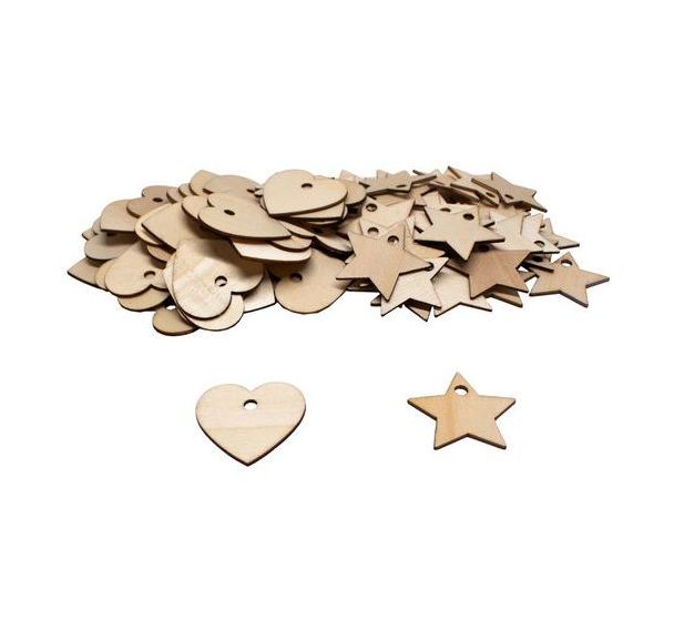 Lot de 100 formes en bois - coeur et étoile