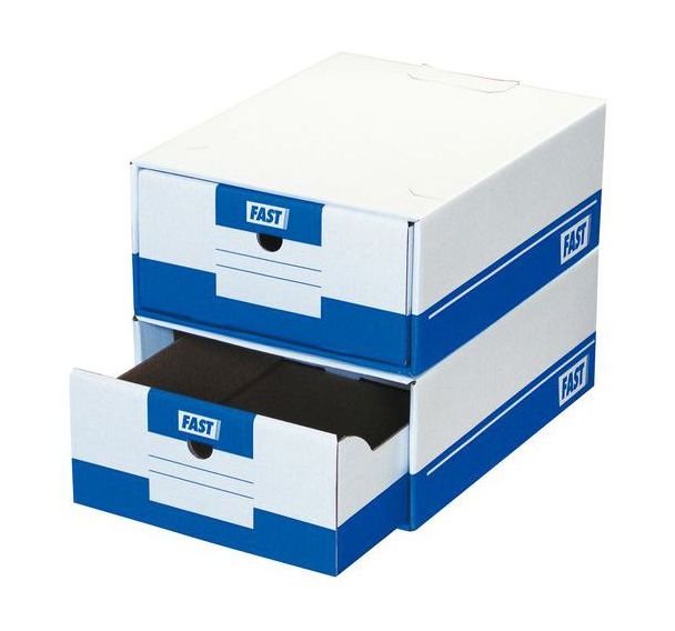 Lot de 10 Caisses archives à tiroir - Long : 28 cm - Blanc/Bleu