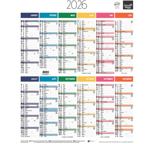 Lot de 10 Calendrier annuel vertical fr arc en ciel par 10 - 43x55cm