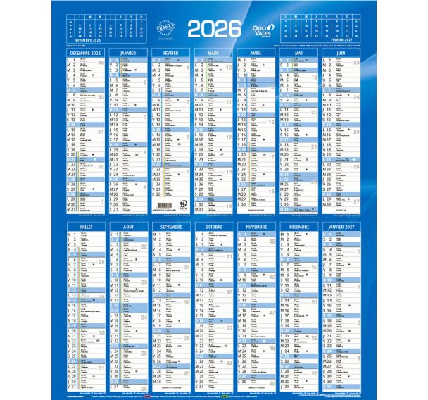 Lot de 10 Calendrier annuel vertical fr bleu par 10 - 43x55cm