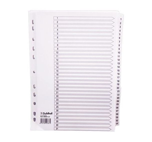 Lot de 10 Intercalaires à touches plastifiées - 31 touches 1 à 31 A4