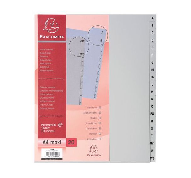 Lot de 10 Intercalaires alphabétiques pp gris az 20 positions A4 maxi