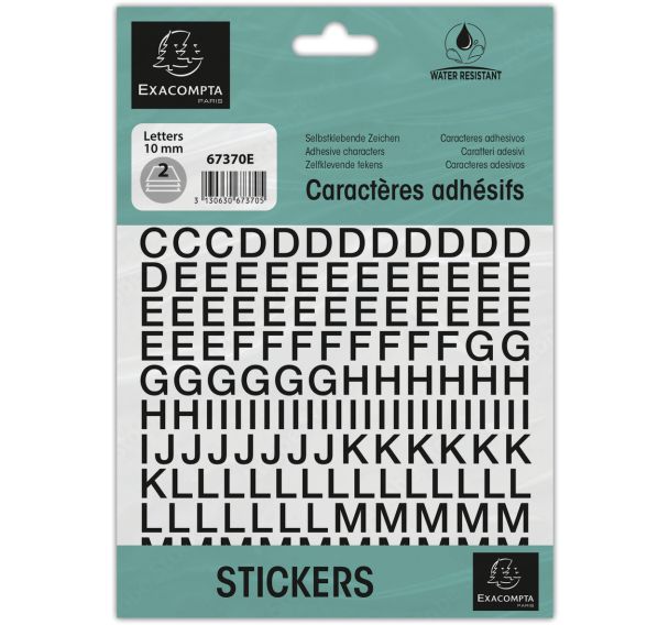 Lot de 10 Pochette de lettres adhésives noires A-Z 10 mm