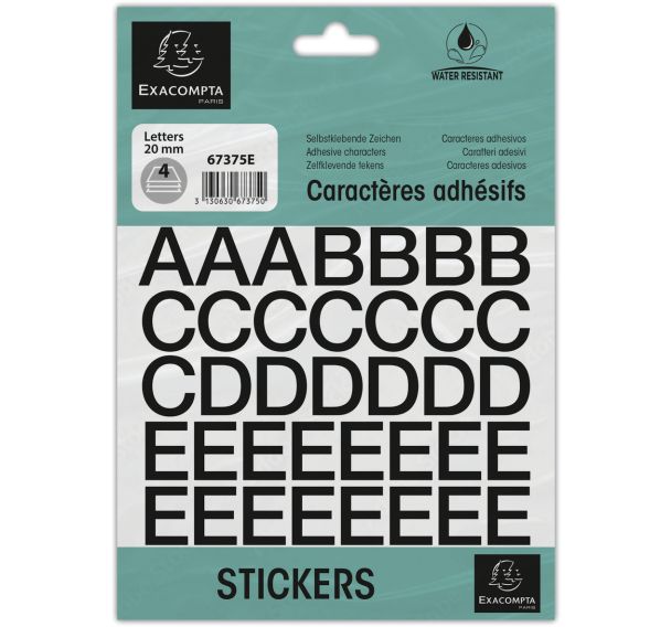 Lot de 10 Pochette de lettres adhésives noires A-Z 20 mm