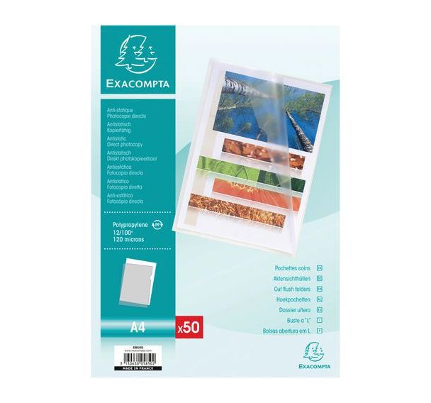 Lot de 10 Sachet 50 pochettes coin polypropylène grainé 12/100e A4