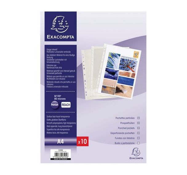 Lot de 10 Sachet de 10 pochettes perforées - pvc lisse - a4