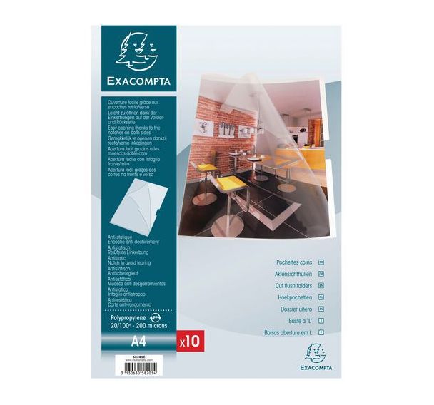 Lot de 10 Sachet de 10 pochettes rigides coin avec encoches format A4