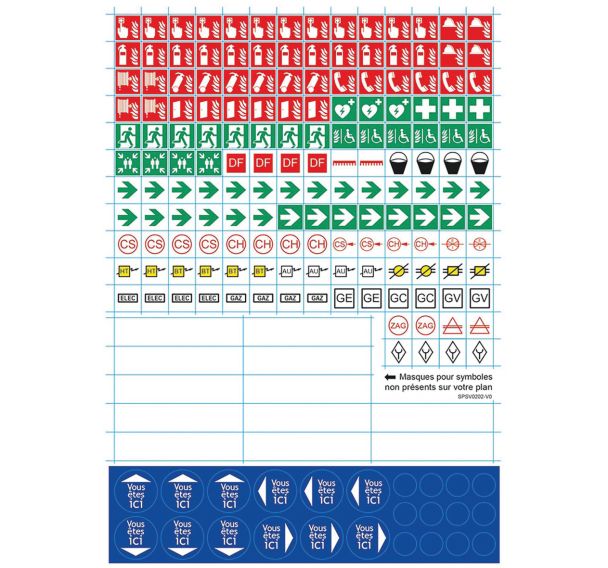 Lot de 10 feuilles de symboles plans d'évacuation et d'intervention adhésifs