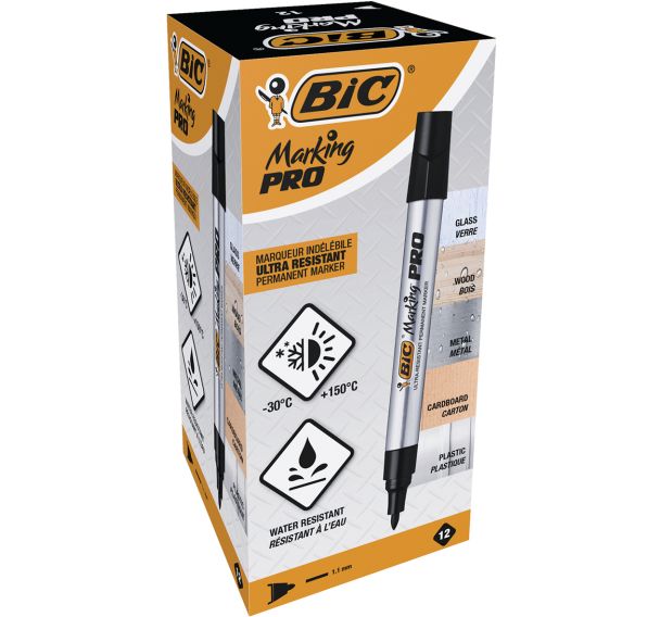 Lot de 12 Marqueur permanent Bic Marking Pro - Pointe ogive - Noir