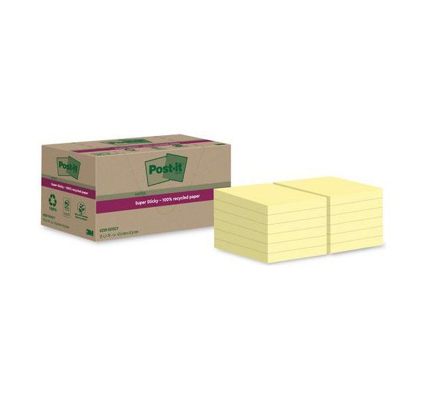 Lot de 12 Notes Super Sticky Recyclées 47,6x47,6 mm 12 blocs jaune