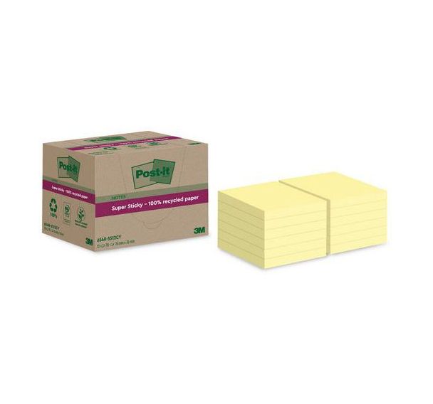 Lot de 12 Notes Super Sticky Recyclées 76x76mm 12blocs jaune Post-it®