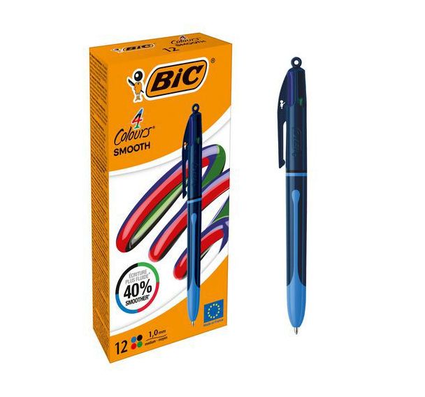 Lot de 12 Stylo bille 4 couleurs Bic Smooth Pro encre ultra-glissante