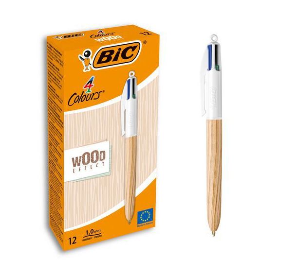 Lot de 12 stylos BIC 4 Couleurs rétractables Wood Style