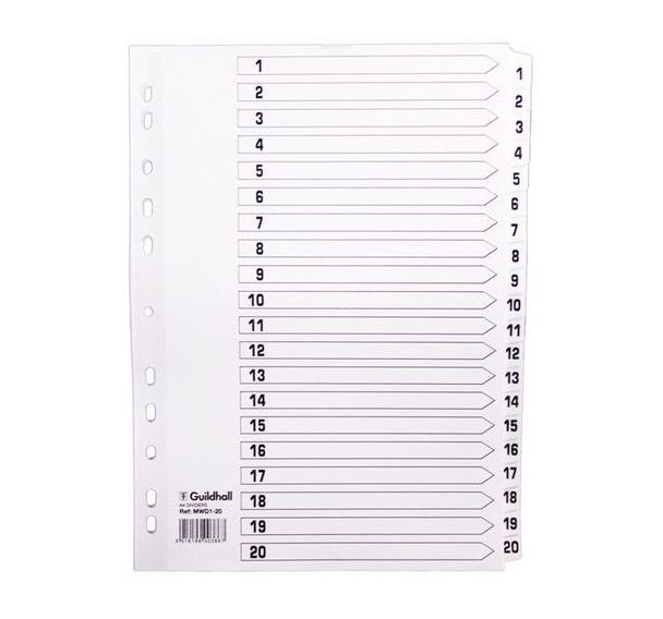 Lot de 15 Intercalaires à touches plastifiées - 20 touches 1 à 20 A4