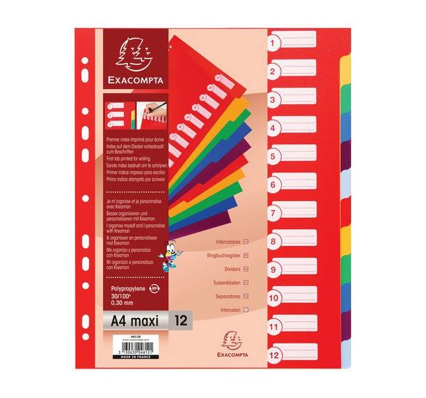 Lot de 15 Intercalaires pp opaque semi rigide 12 positions - a4 maxi