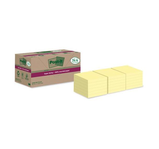 Lot de 18 Notes Super Sticky Recyclées 76x76 mm 14 + 4 blocs jaune