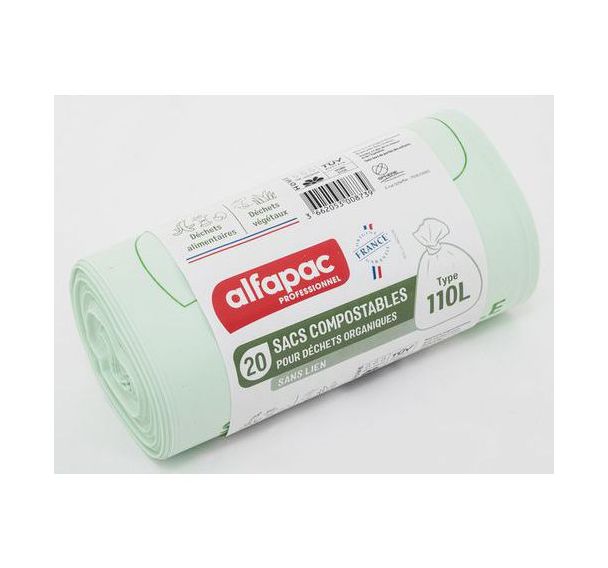 Lot de 200 Sac poubelle compostables - Déchets organiques -110L - Vert