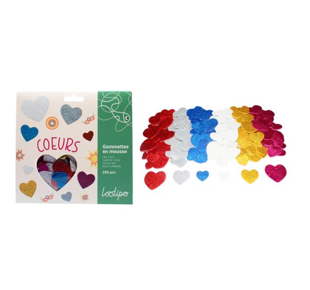 Lot de 200 cœurs mousse pailletée adhésive - 4 tailles - 6 coloris assortis